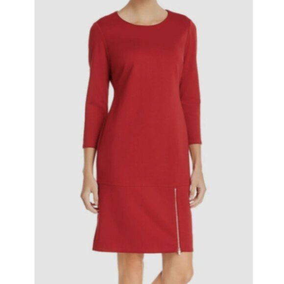 NWT T Tahari Long Sleeve Ponte Zip-Slit Sheath Dress in Garnet Dusk Red Sz. 6 - Picture 1 of 2